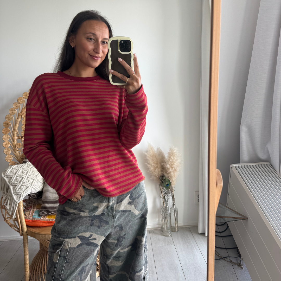 Pien Stripe Top Burgundy/Camel